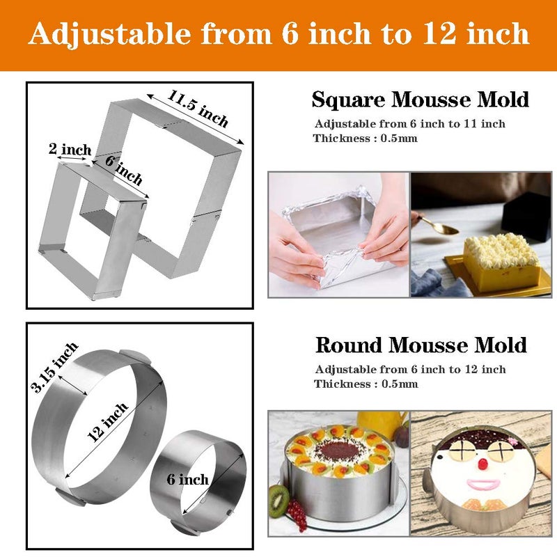 Cyimi Adjustable Cake Mould Stainless Steel Cake Mousse Ring 6 to 12 Inch, Thickened Cake Ring Mould Set of 2 for Baking,DIY Cake (Round+Square) - Image 2